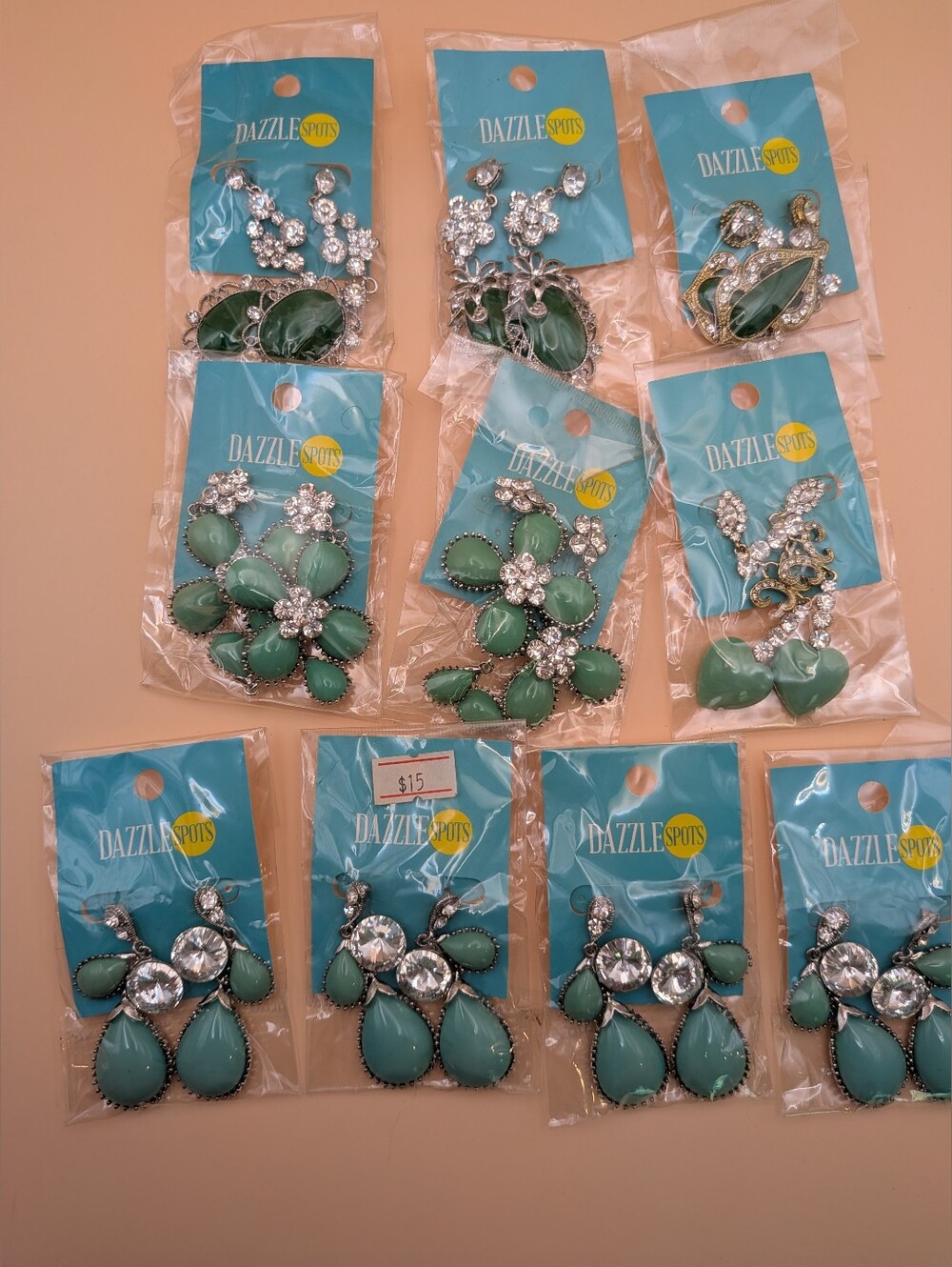 NWT Lot Of 10 Dazzle Spots Statement Rhinestone Green Earrings